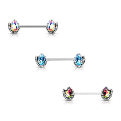 Piercing Capezzolo Coda di sirena d´argento con zirconi a goccia