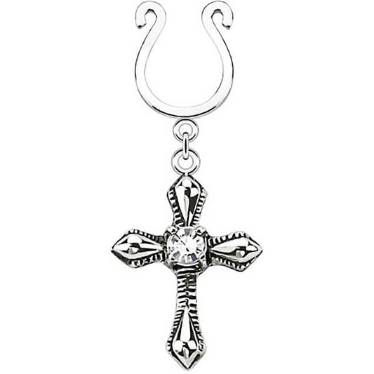 Faux Piercing Tétons Pendentif Croix Argent Pliable