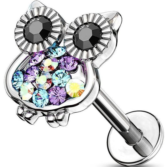 Labret Owl Zirconia Silver Internally Threaded