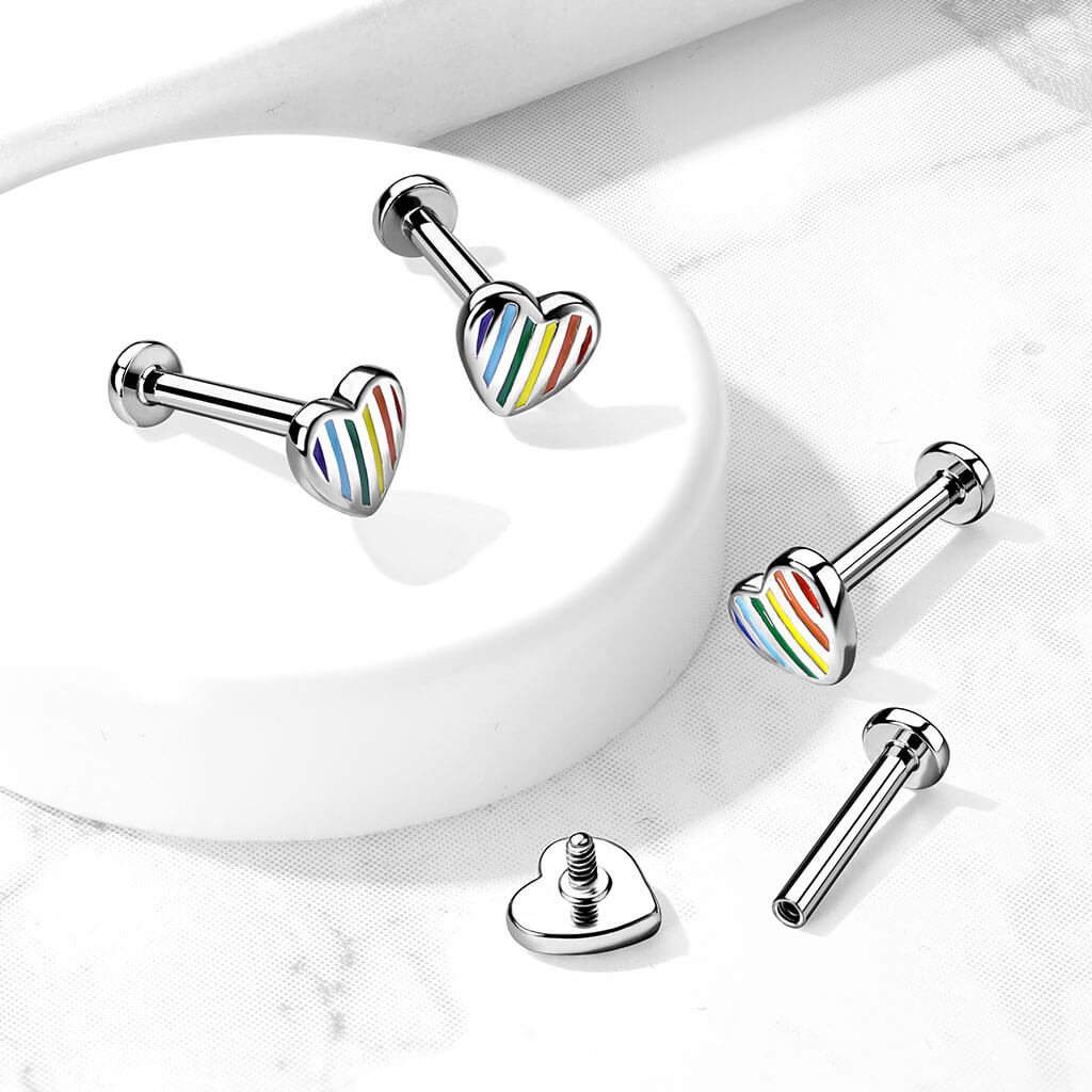 Labret Cuore piatto d´argento a strisce arcobaleno Filettatura Interna