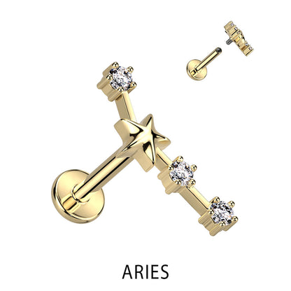 Labret Zodiac sign Zirconia Gold Internally Threaded