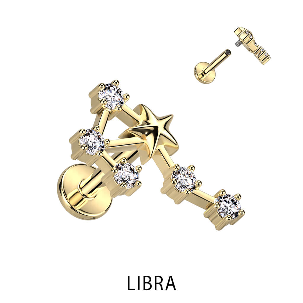 Labret Segni zodiacali Zirconi e Oro Filettatura Interna