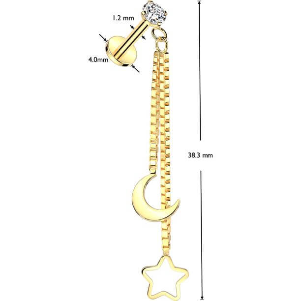 Labret dwa łańcuszki gwiazdka księżyc gwint wewnętrzny