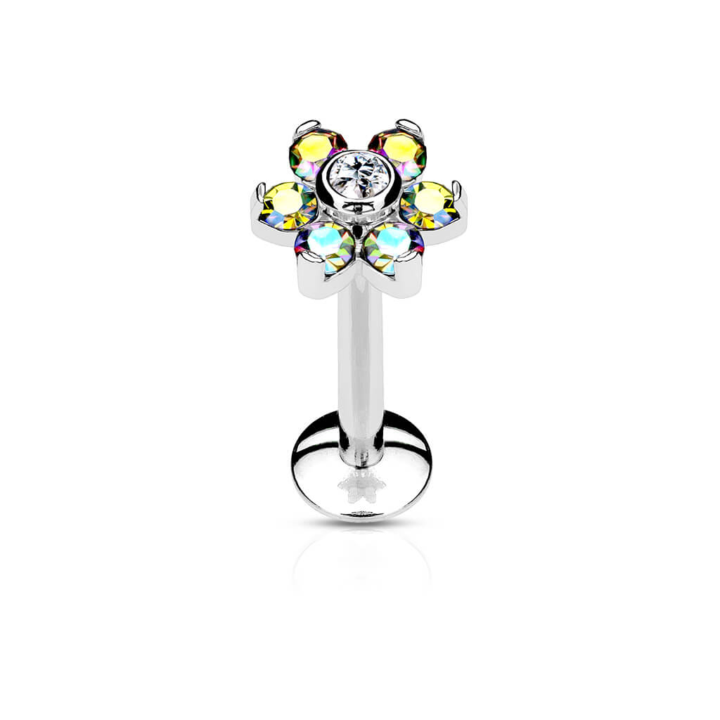 Labret Fleur Zircone Argent Filetage Interne