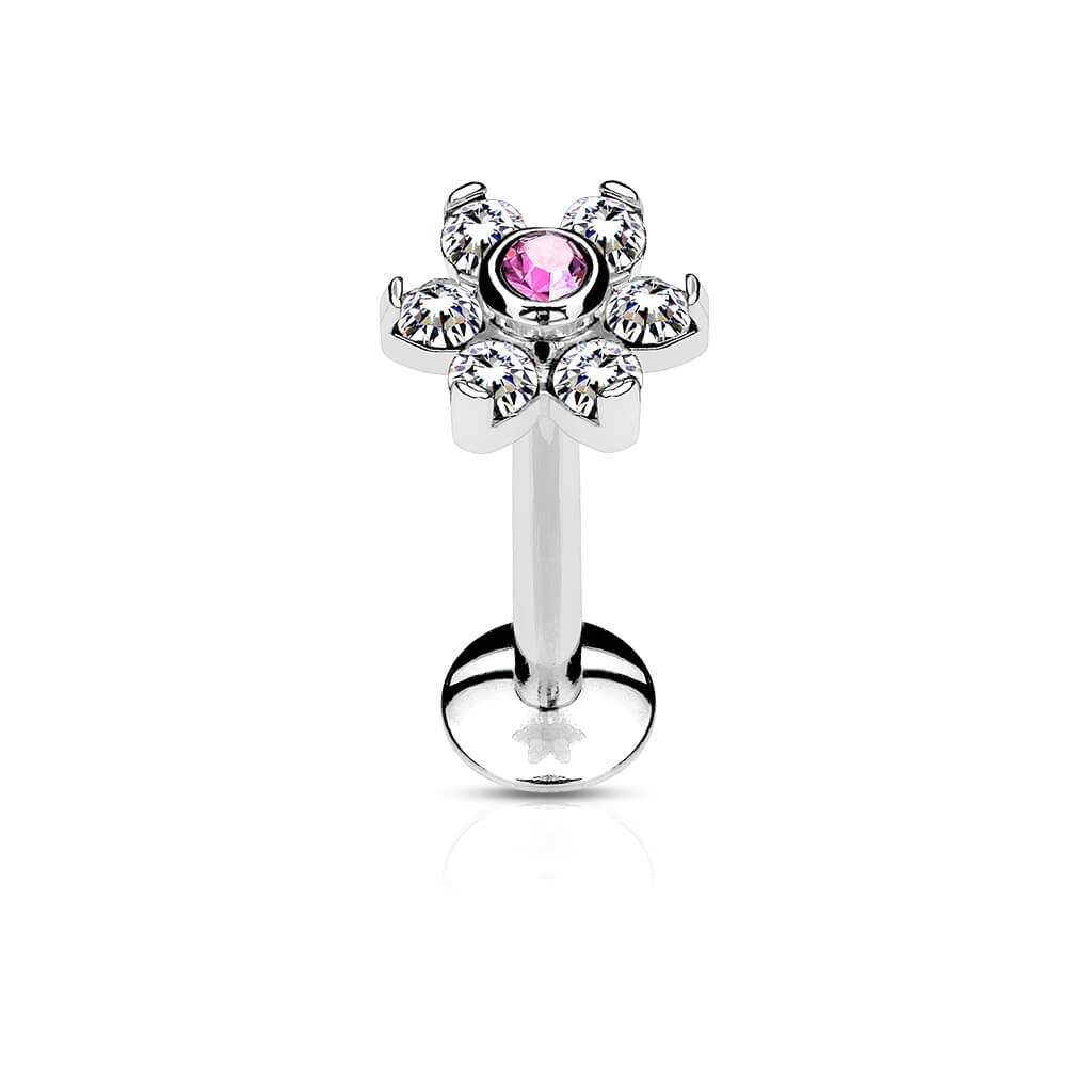 Labret Fleur Zircone Argent Filetage Interne