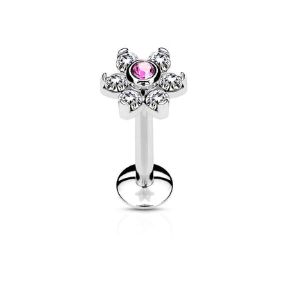 Labret Fleur Zircone Argent Filetage Interne