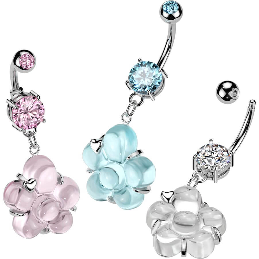 Piercing Nombril pendentif fleur zirconia serti clos