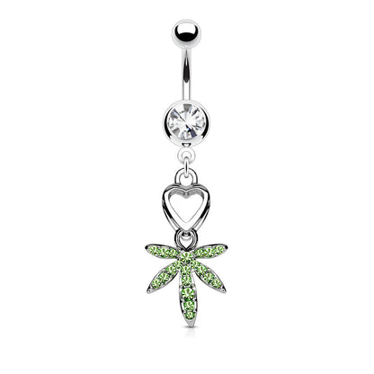 Belly Button Piercing Hemp Leaf coloured dangle Zirconia Silver