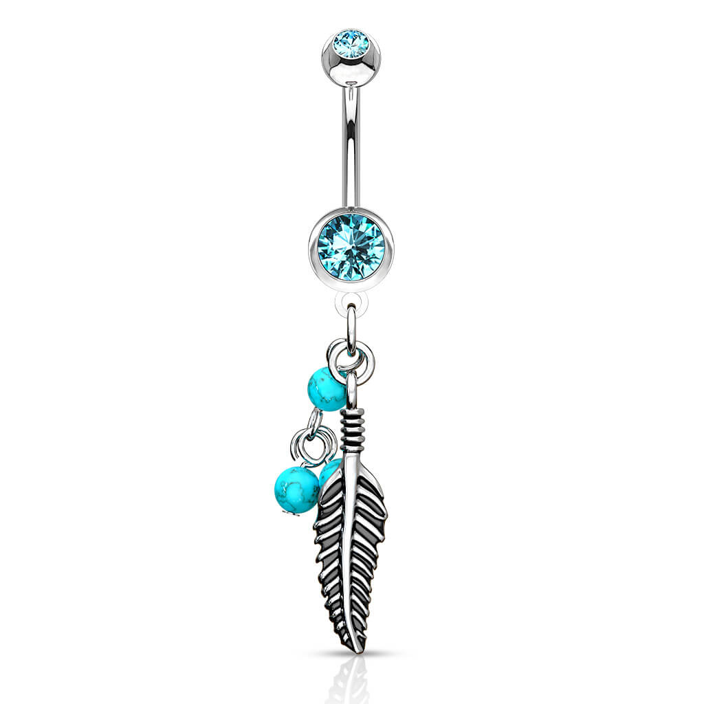 Piercing Nombril Pendentif Plume Turquoise Pierre Semi-Précieuse Zircone Argent