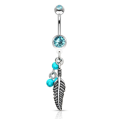 Piercing Nombril Pendentif Plume Turquoise Pierre Semi-Précieuse Zircone Argent