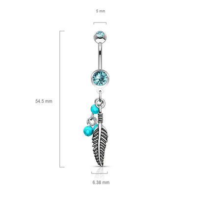 Piercing Nombril Pendentif Plume Turquoise Pierre Semi-Précieuse Zircone Argent