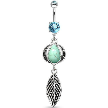 Piercing Nombril Pendentif Plume Pierre Semi-Précieuse Turquoise  Zircone Argent