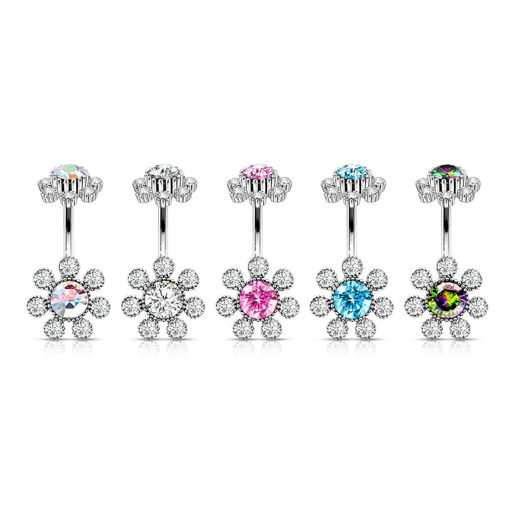 Piercing ombligo Circonita Flor Plata Rosca interna