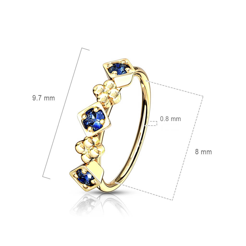 Anello Piercing Quadrati e fiori in zirconi e oro Pieghevole