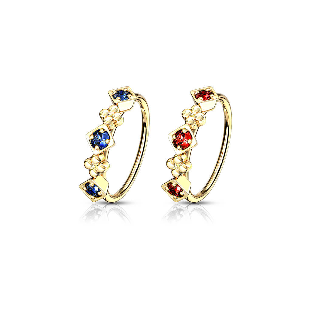 Anello Piercing Quadrati e fiori in zirconi e oro Pieghevole