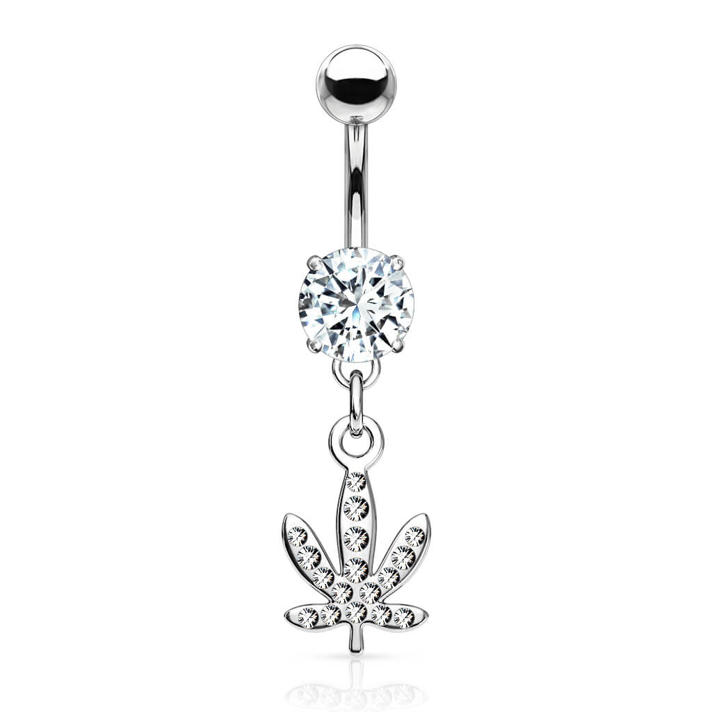 Piercing Nombril Pendentif Feuille De Chanvre Zircone Argent