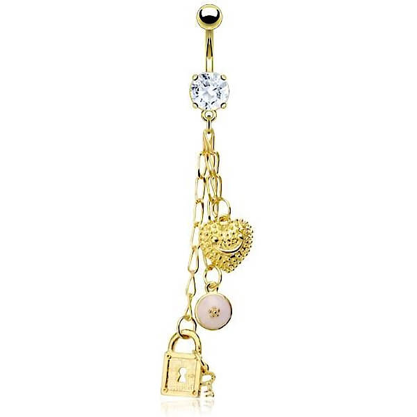 Belly Button Piercing Heart lock dangle Zirconia Gold