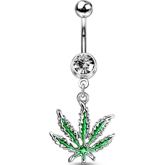 Piercing Nombril Pendentif Feuille De Chanvre Zircone Argent