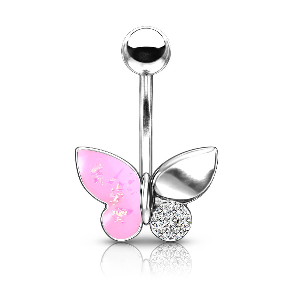 Belly Button Piercing Butterfly Zirconia Opal Silver