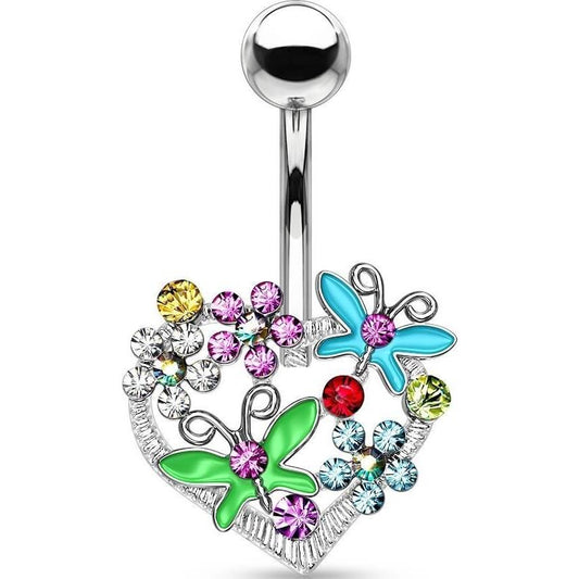 Piercing Ombelico Cuore con Farfalle e Fiori in Zircone