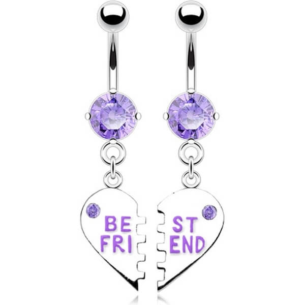 Piercing Ombelico Pendente con scritta BEST FRIEND a Cuore diviso con Zirconi