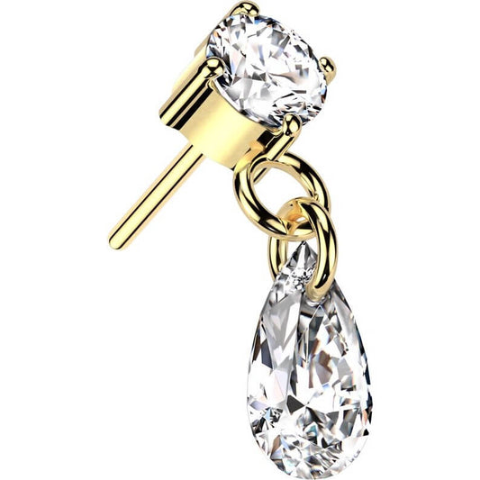 Solid Gold 14 Carat top teardrop dangle zirconia Push-In