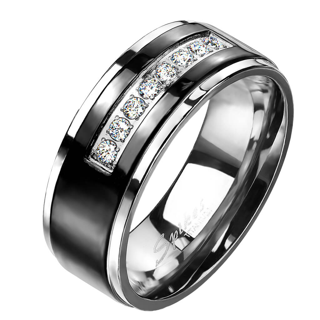 Titane Anneau Zircone Noir Argent