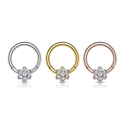 Titanio Anello Piercing Fiore di zirconi Clicker