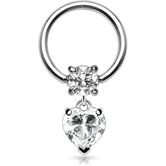 Anello Piercing Argento con zircone a cuore pendente Perla Prigioniera