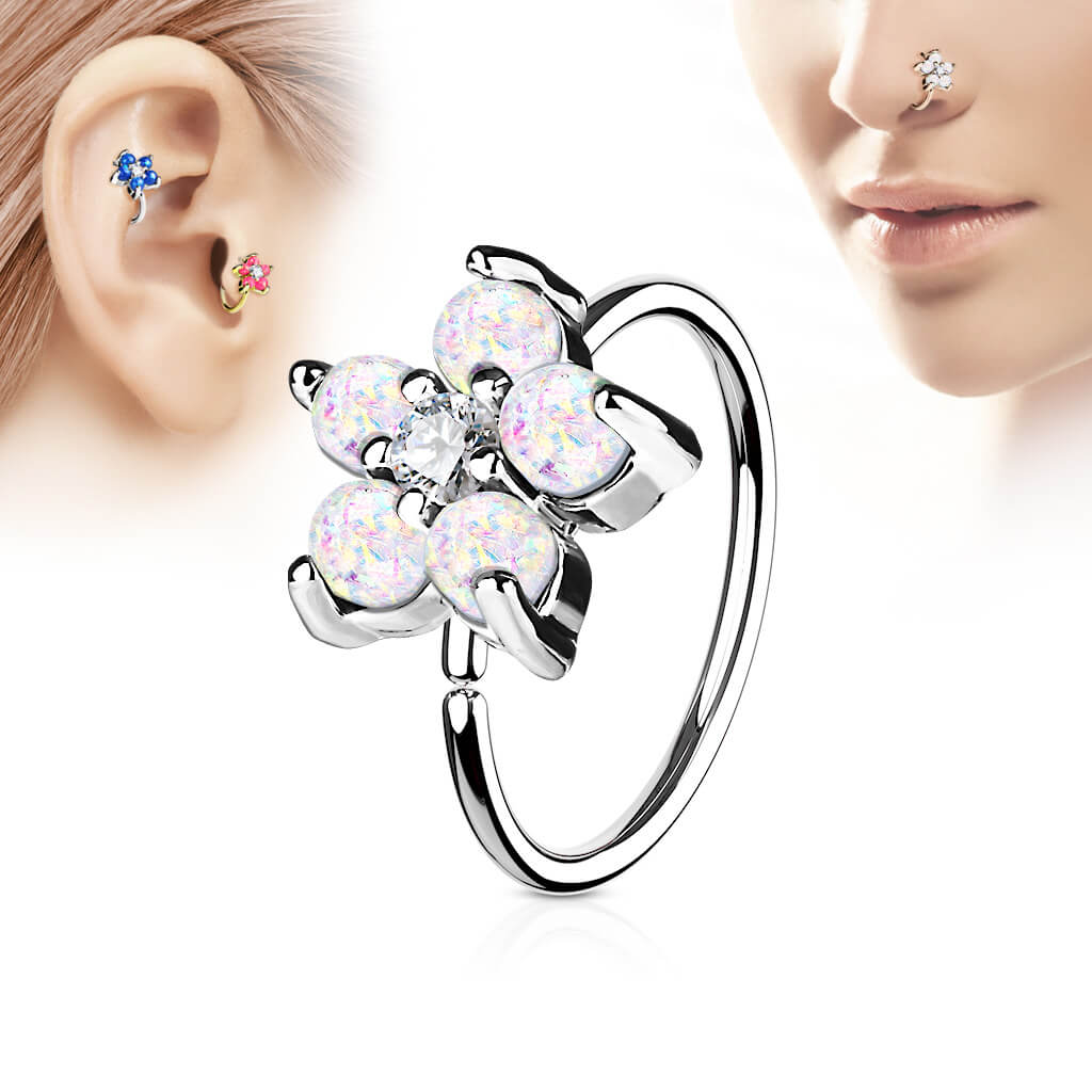 Anello Piercing Fiore argento e opali Pieghevole