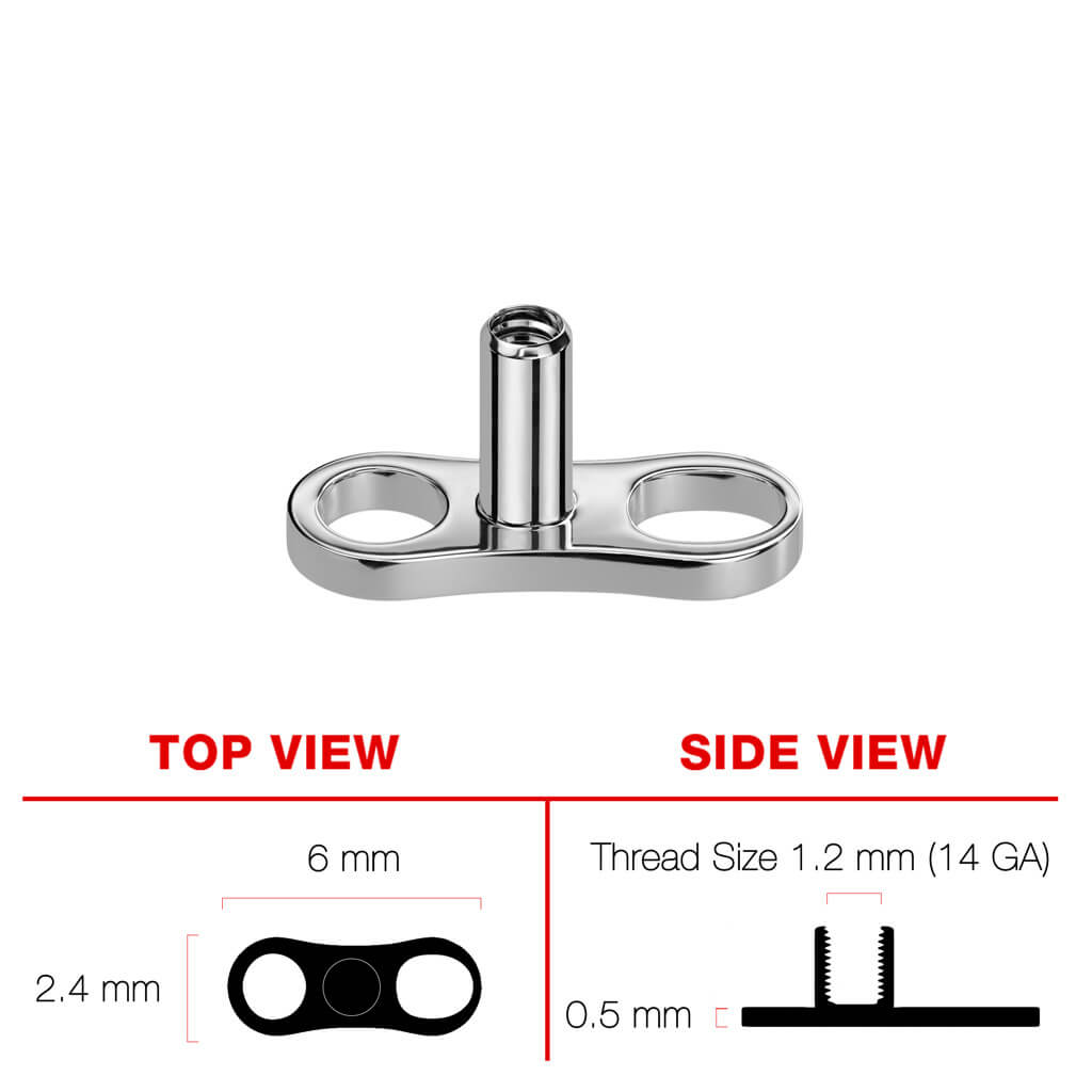 Titanium dermal anchor base 2 holes 2mm, 2.5mm and 3mm Rise Internally Threaded