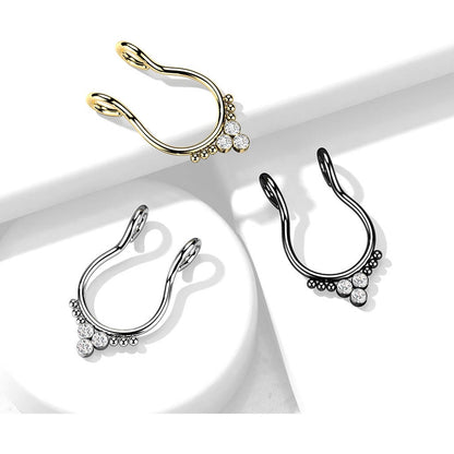 Fake Nose Piercing Septum Triangle 3 Zirconia Flat Bendable