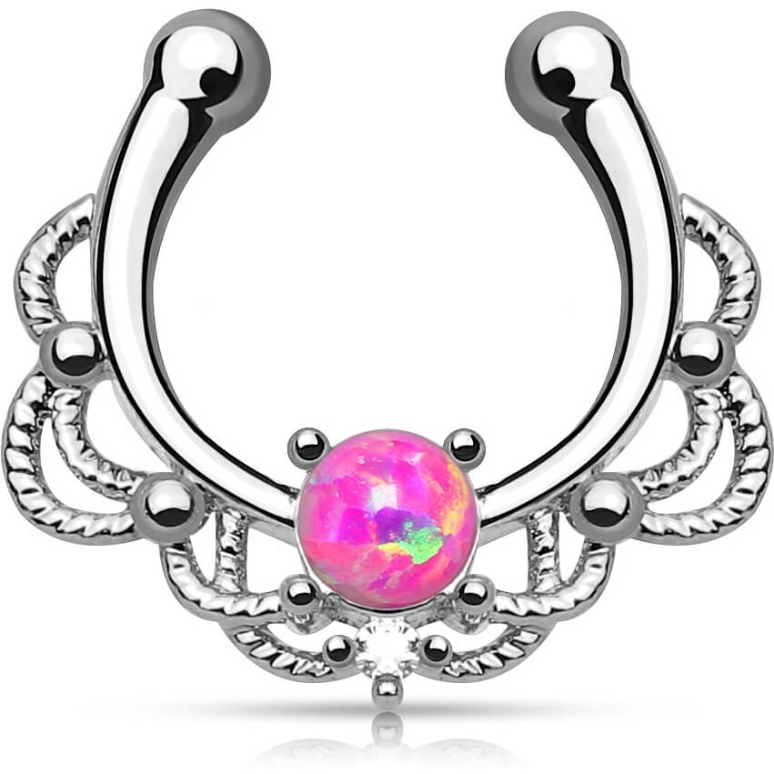 Fake Nose Piercing Septum Opal Round Silver Bendable