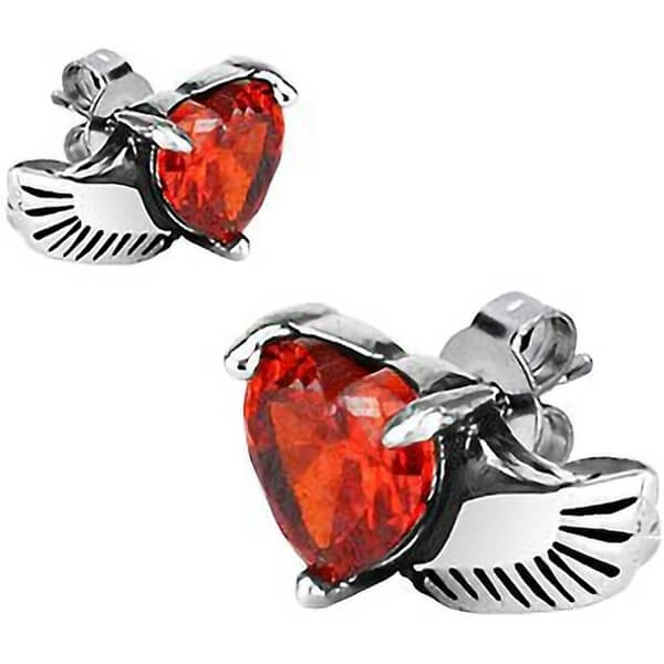 Bouton d'Oreille Ailes d'Ange Cœur Zircone Argent