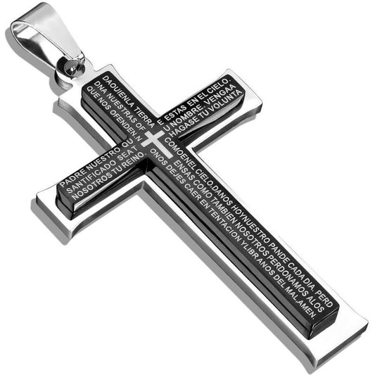 Collier Croix Noir Our Father Argent