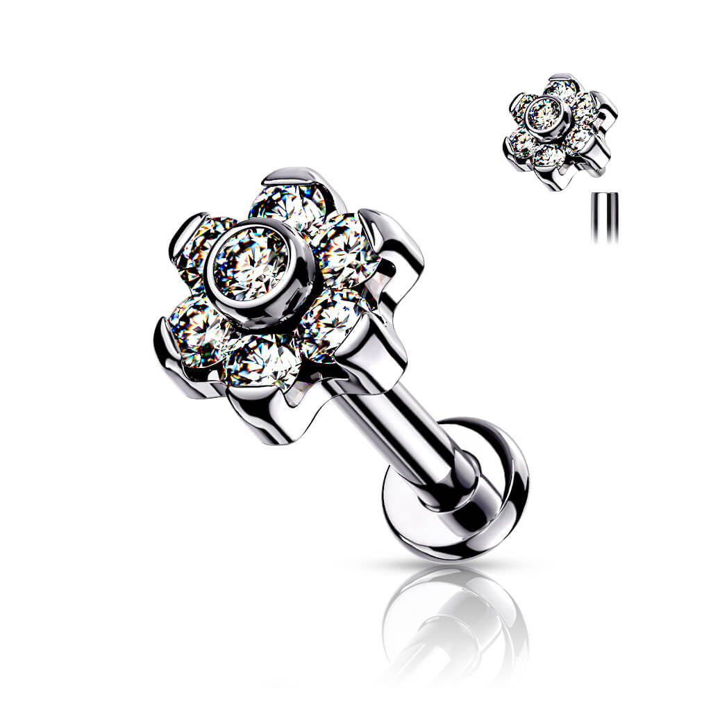 Titan Labret Blume Zirkonia Silber Innengewinde