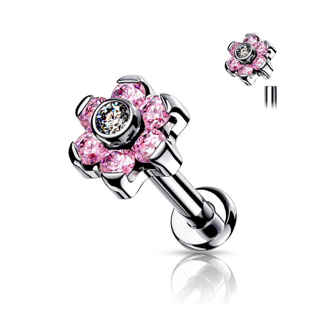 Titan Labret Blume Zirkonia Silber Innengewinde