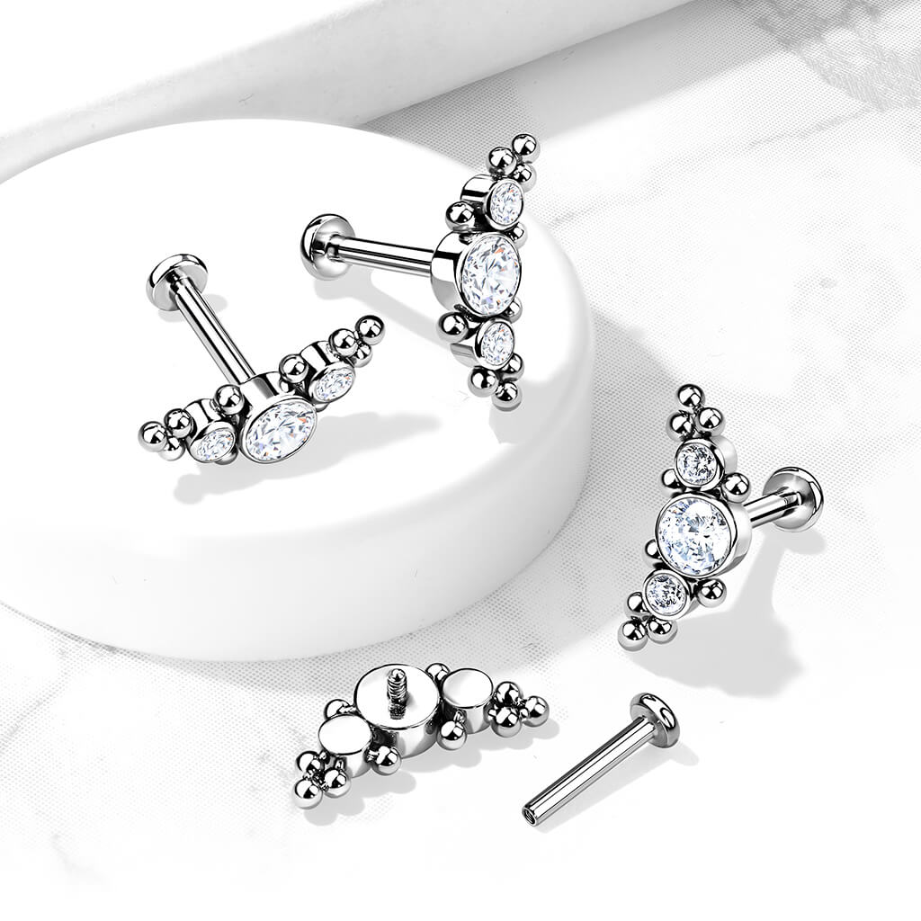 Titanio Labret 3 cilindri d´argento con zirconi Filettatura Interna