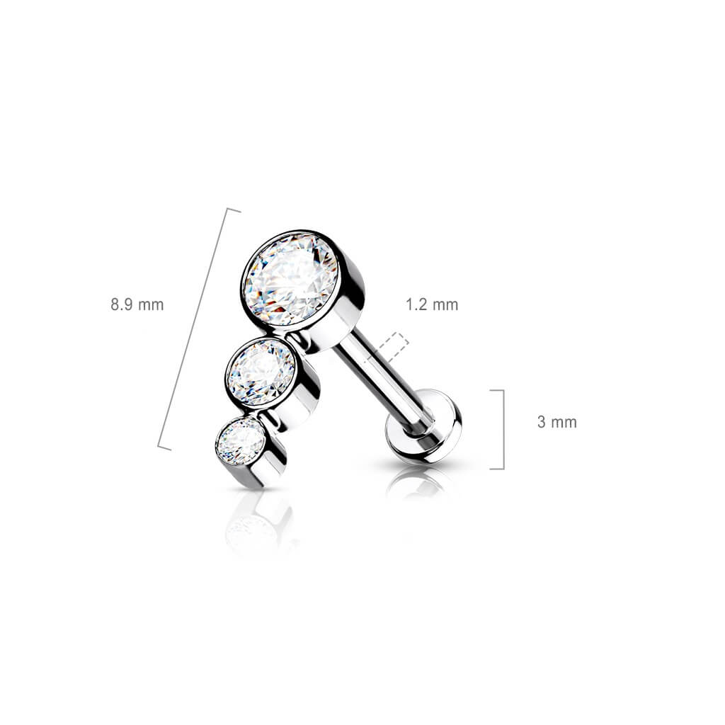 Titanio Labret 3 cilindri argento con zirconi Filettatura Interna