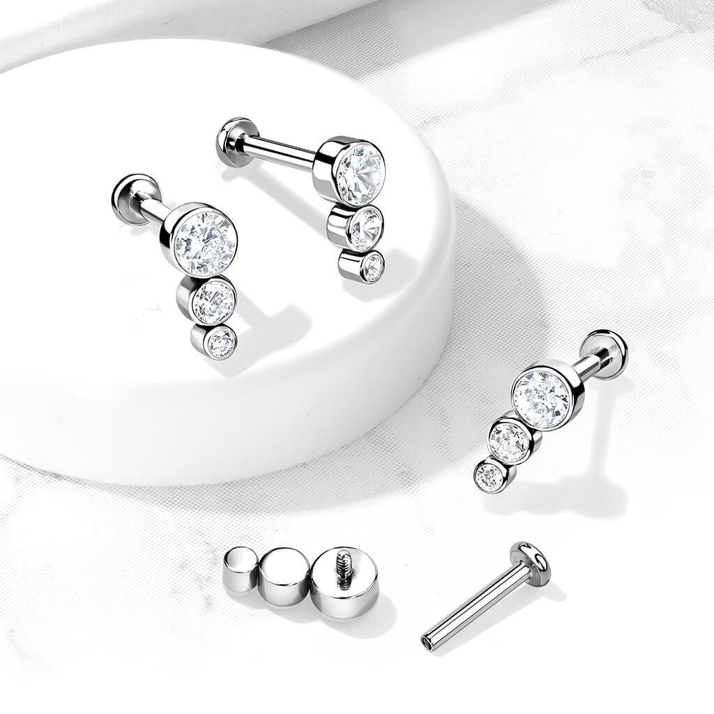 Titanio Labret 3 cilindri argento con zirconi Filettatura Interna