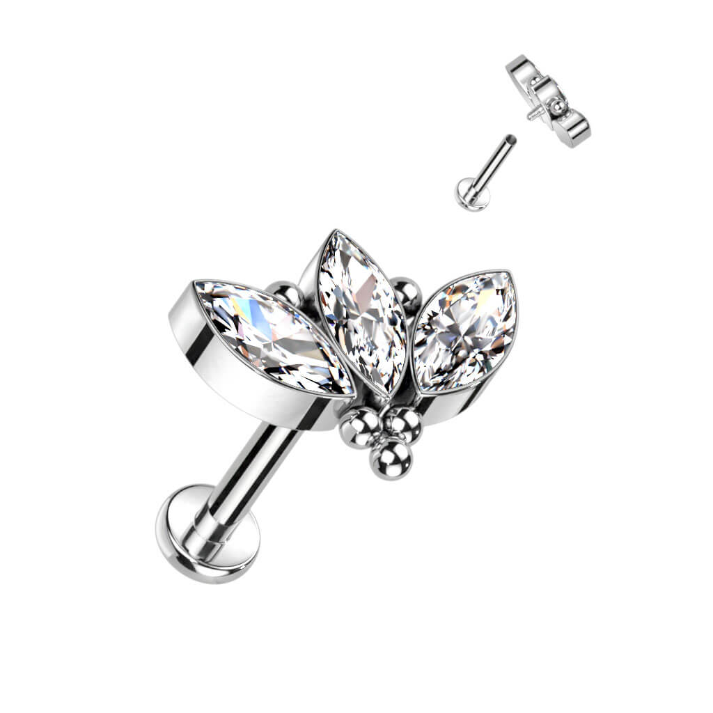 Titanio 3 Circonitas talla Marquesa Plata Rosca interna Labret