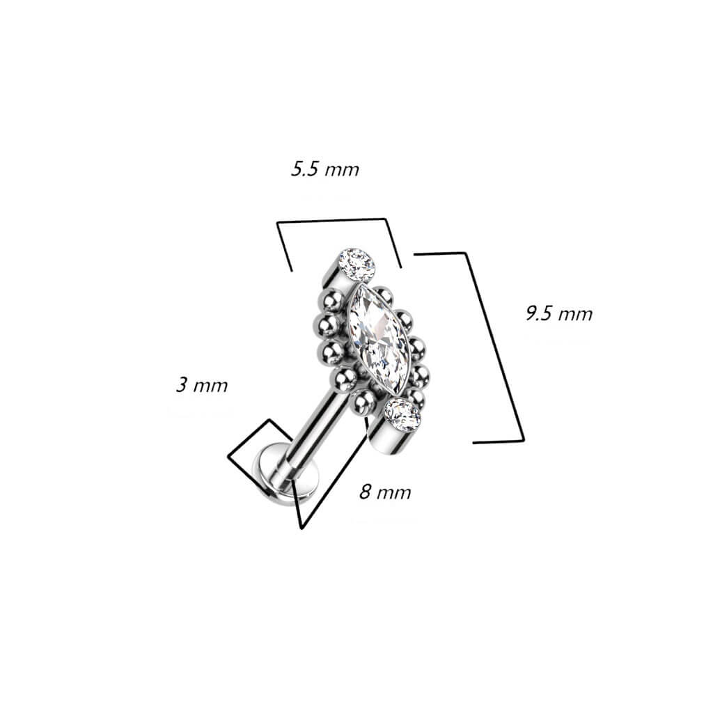 Titanio Labret Argento e zircone taglio marquise Filettatura Interna