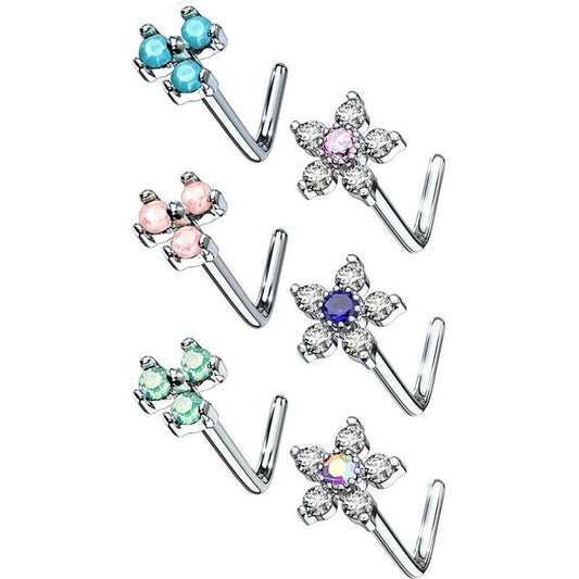 Nose L-Shape Flowers Zirconia Silver