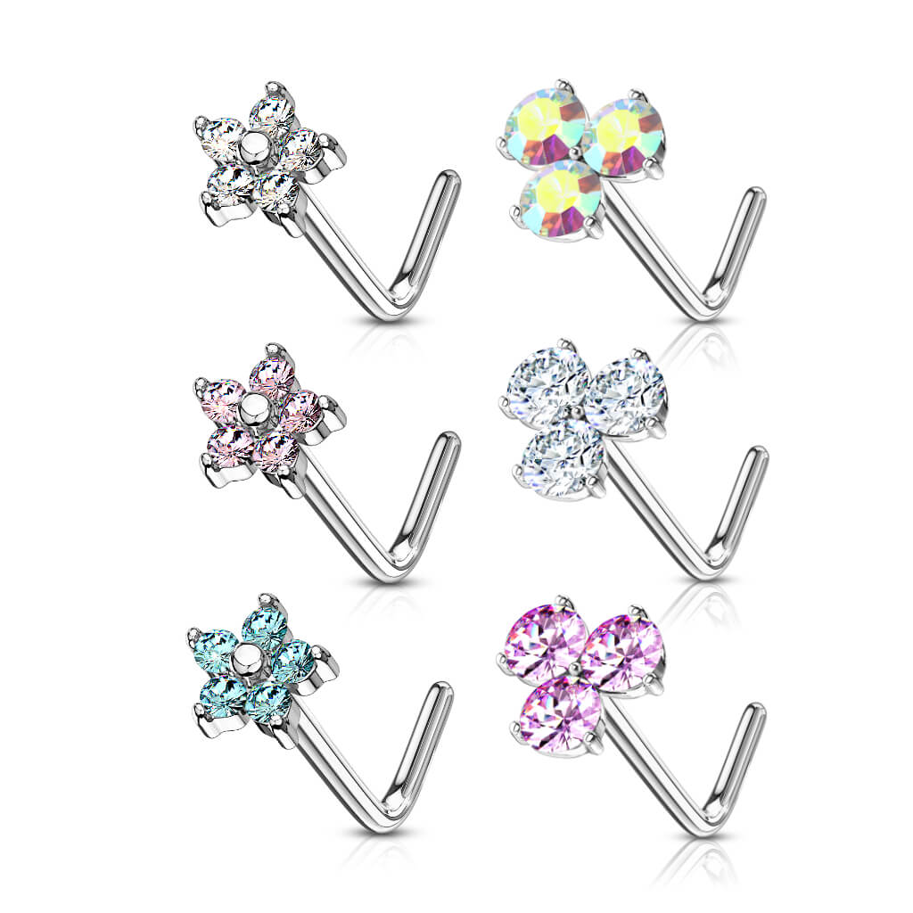 Nose L-Shape Flowers Zirconia Silver