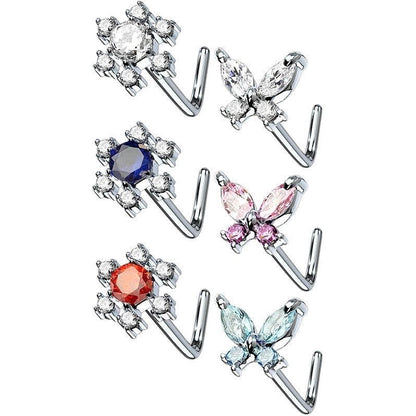 Nose L-Shape Butterfly Flower Zirconia Silver