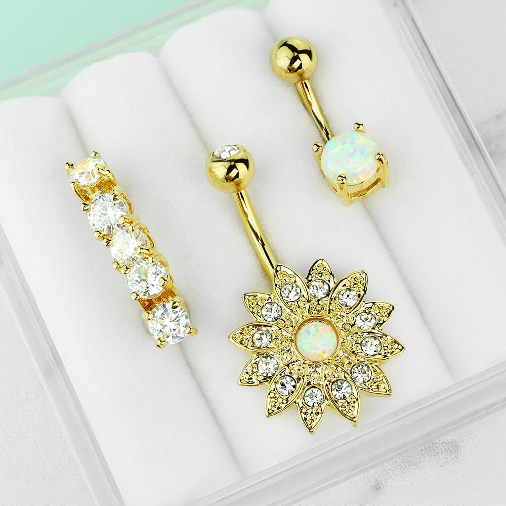 Bauchnabelpiercing Set Zirkonia Opal Gold