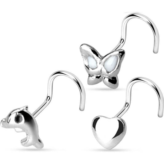 Silver 925 Nose Screw Set Butterfly Heart Dolphin Silver