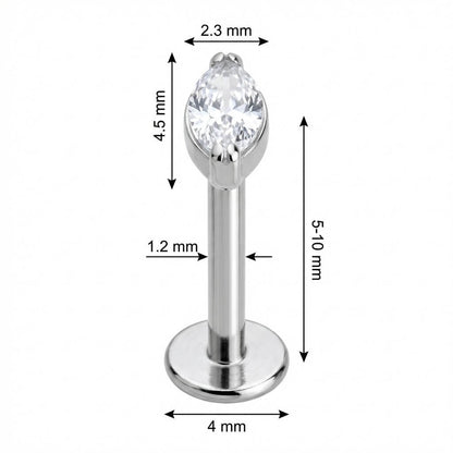 Titanium Labret Marquise Cut Clear Crystal Internally Threaded