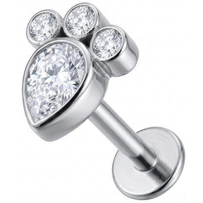 Titanium Labret Sparkling Crystal Paw Print Internally Threaded