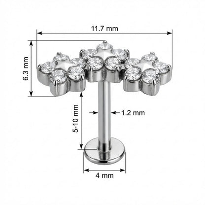 Titanium Labret Triple Crystal Star Flower Cluster Internally Threaded